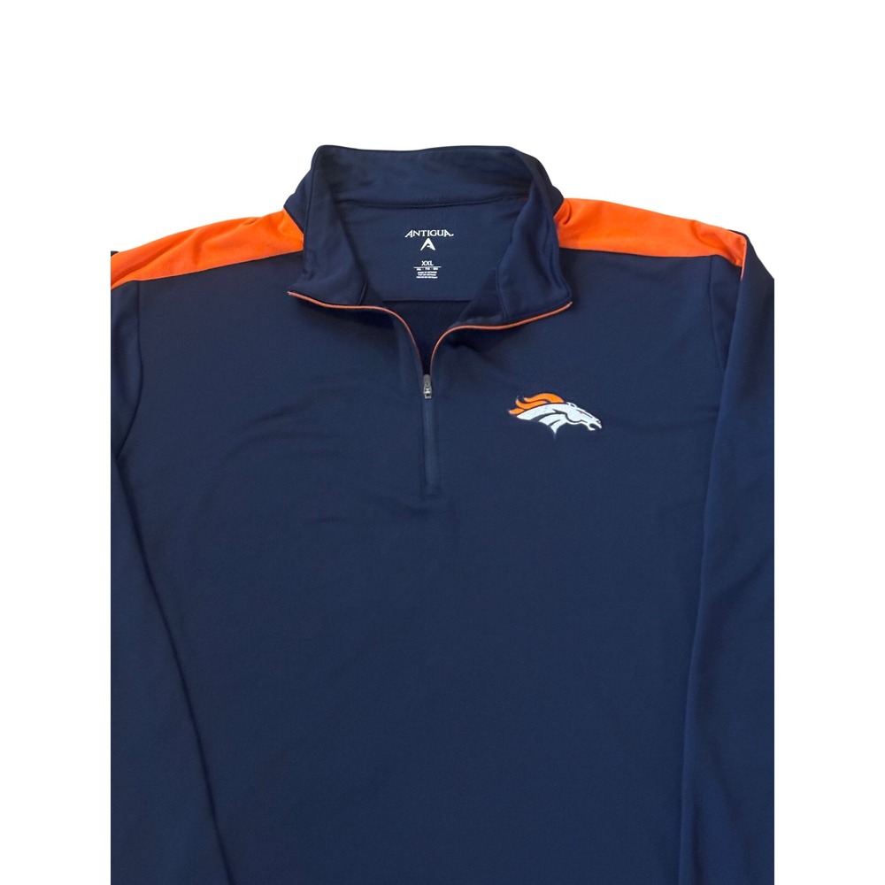 Antigua Denver Broncos Mens XXL Navy Blue Orange Quarter Zip Pullover NFL Jacket